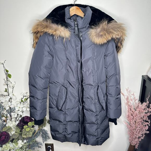 MACKAGE Shailene Down Jacket Slate Blue Racoon Fur Hood Sz M $1450 - Picture 3 of 12